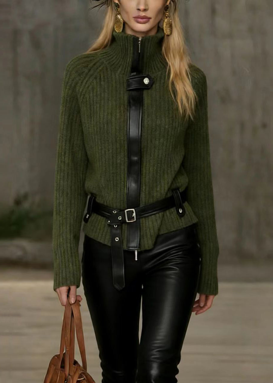 Unique Green Hign Neck Patchwork Knit Sweater Top Spring