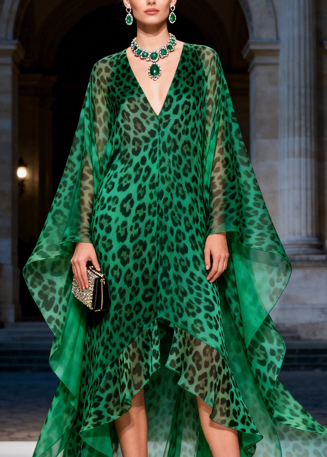 Unique Green Leopard V Neck Ruffled Patchwork Chiffon Long Dress Summer