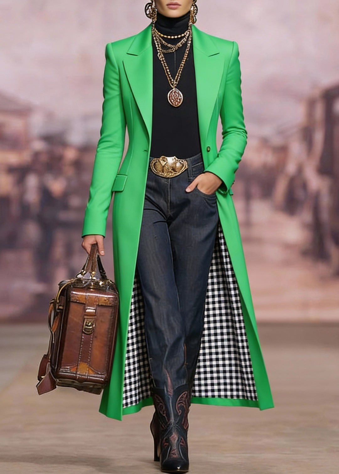 Unique Green Peter Pan Collar Pockets Cotton Long Coat Spring