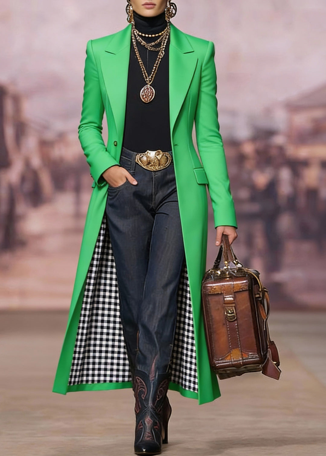 Unique Green Peter Pan Collar Pockets Cotton Long Coat Spring