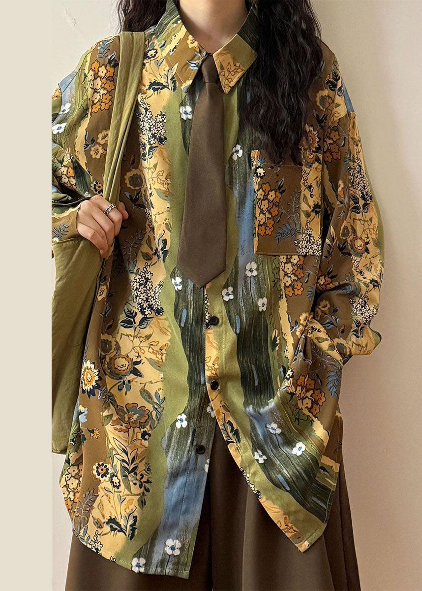 Unique Green Peter Pan Collar Print Button Blouses Spring