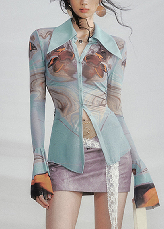 Unique Green Peter Pan Collar Print Button Tulle Shirts Flare Sleeve