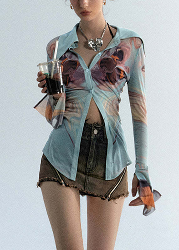 Unique Green Peter Pan Collar Print Button Tulle Shirts Flare Sleeve