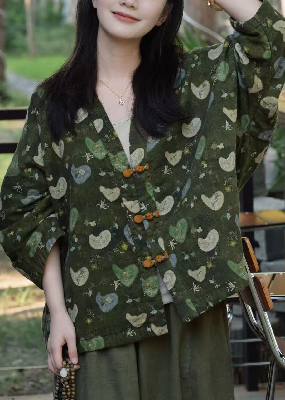 Unique Green Print Chinese Button Cotton Jacket Fall