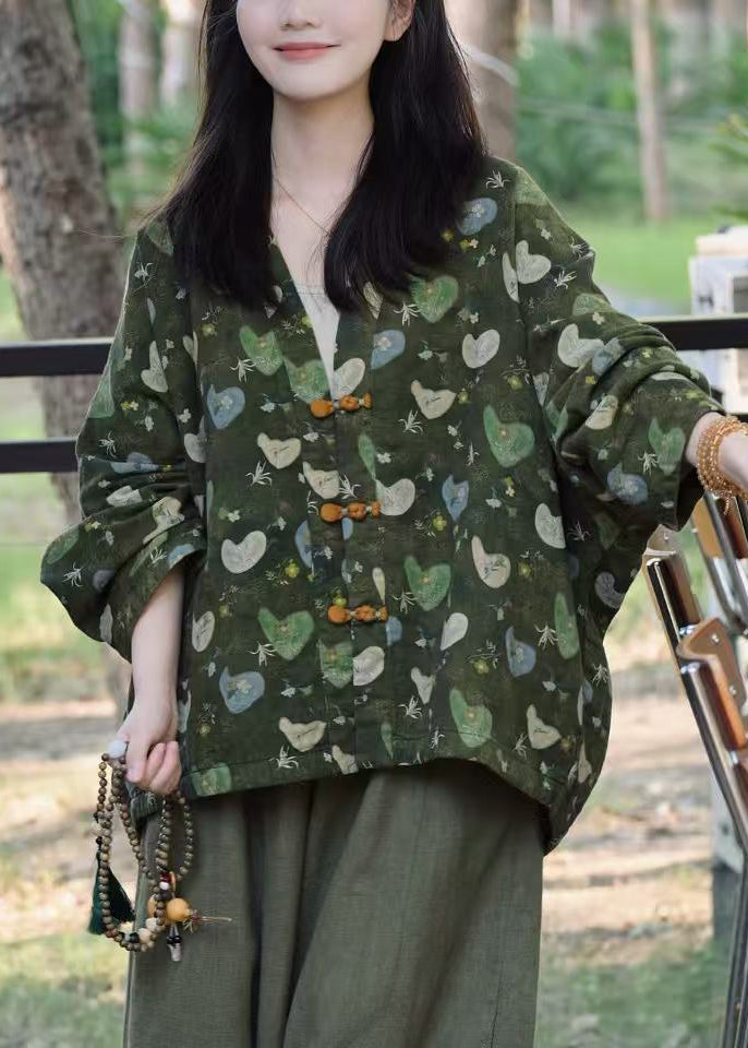 Unique Green Print Chinese Button Cotton Jacket Fall