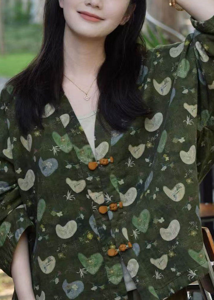 Unique Green Print Chinese Button Cotton Jacket Fall