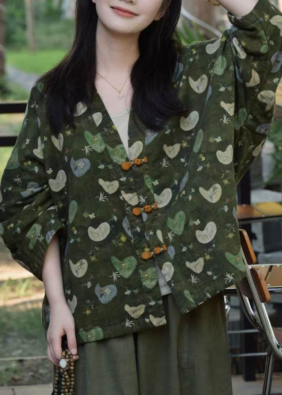 Unique Green Print Chinese Button Cotton Jacket Fall