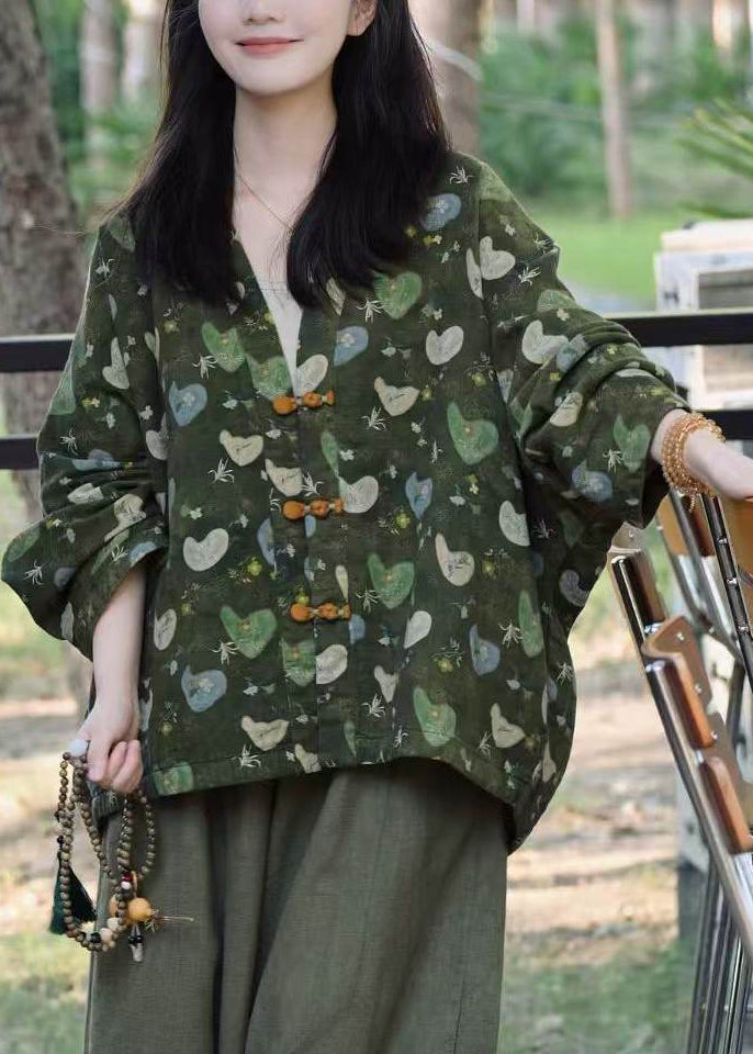 Unique Green Print Chinese Button Cotton Jacket Fall