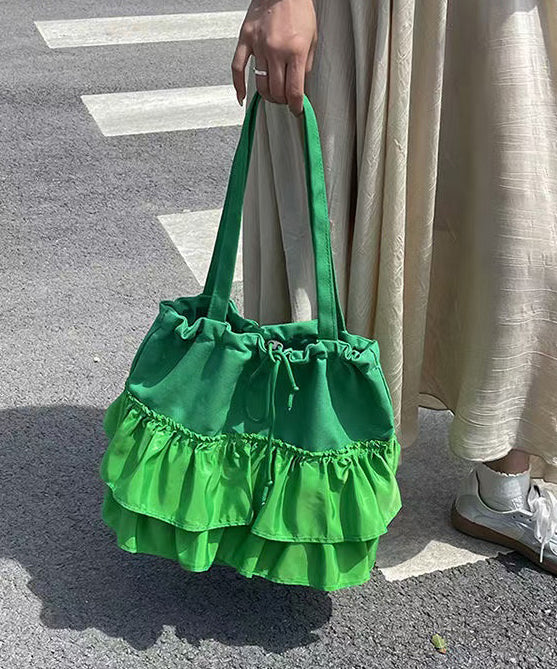 Unique Green Ruffled Drawstring Canvas Shoulder Bag