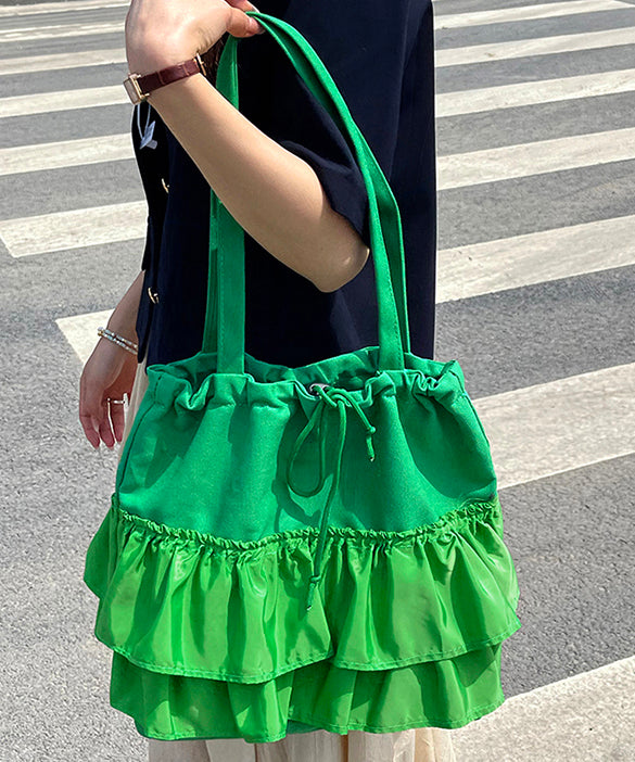Unique Green Ruffled Drawstring Canvas Shoulder Bag