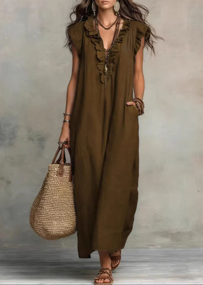 Unique Green Ruffled Patchwork Cotton Maxi Dress Summer