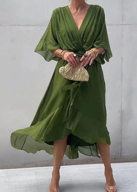 Unique Green V Neck Asymmetrical Design Chiffon Dresses Batwing Sleeve