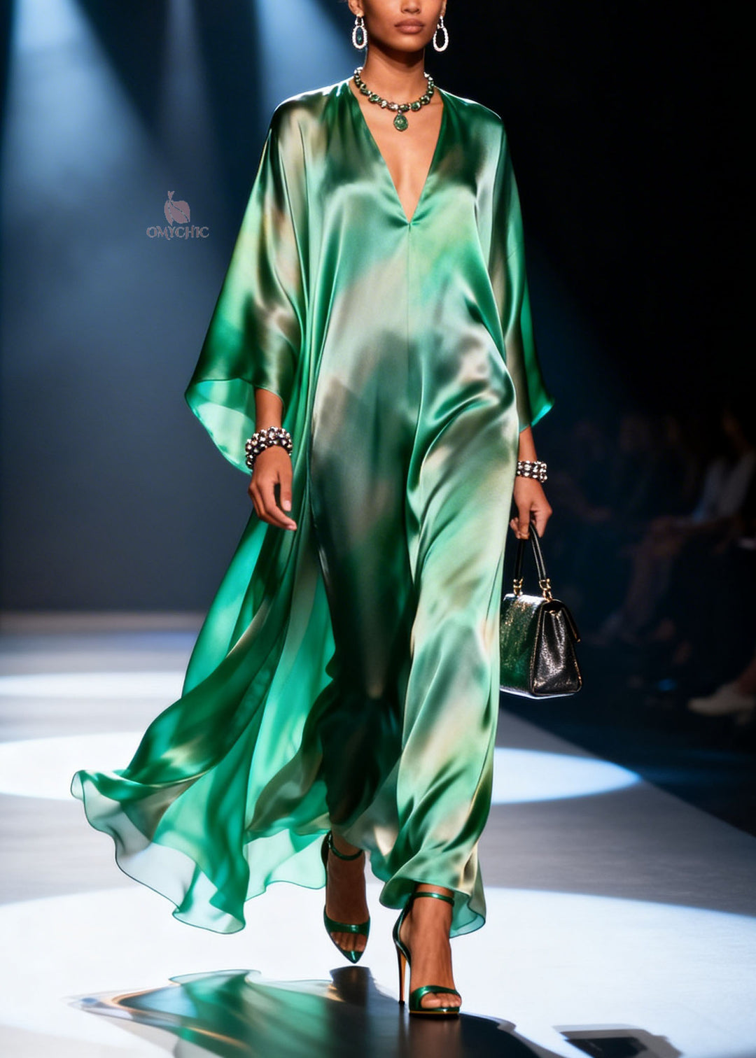 Unique Green V Neck Chiffon Long Dress Summer