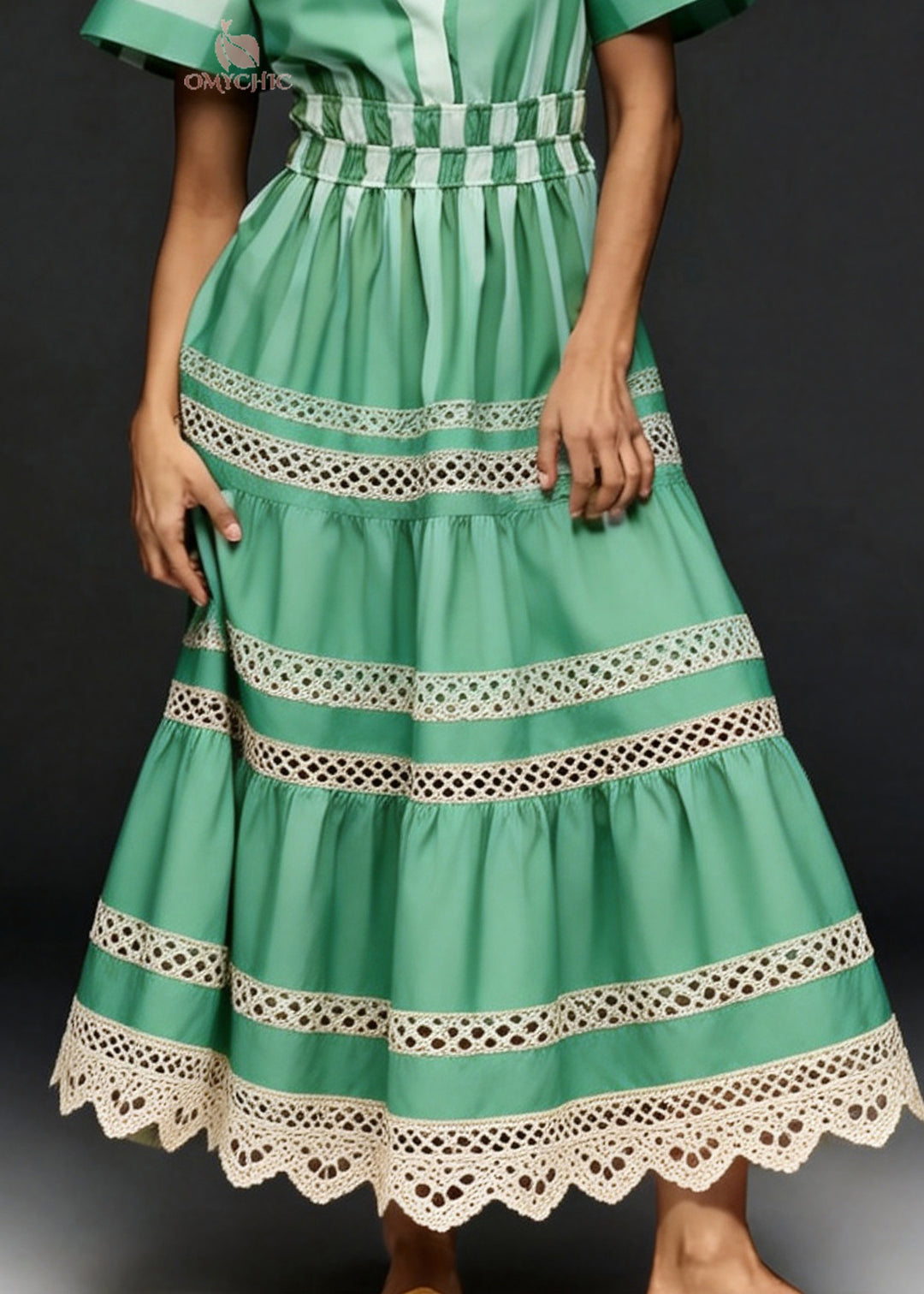 Unique Green V Neck Hollow Out Patchwork Cotton Long Dresses Summer