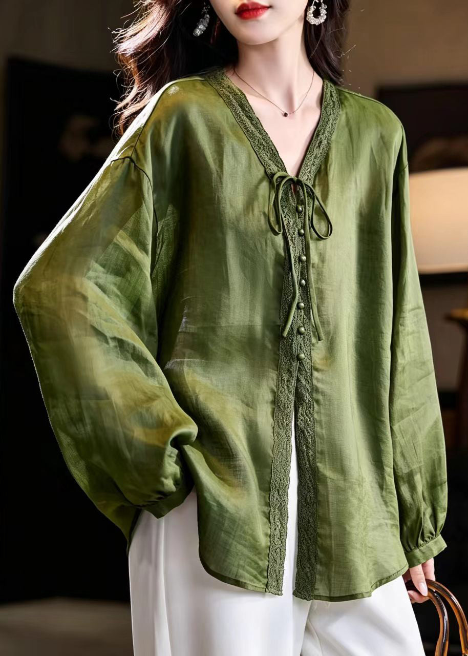 Unique Green V Neck Lace Up Shirt Top Lantern Sleeve