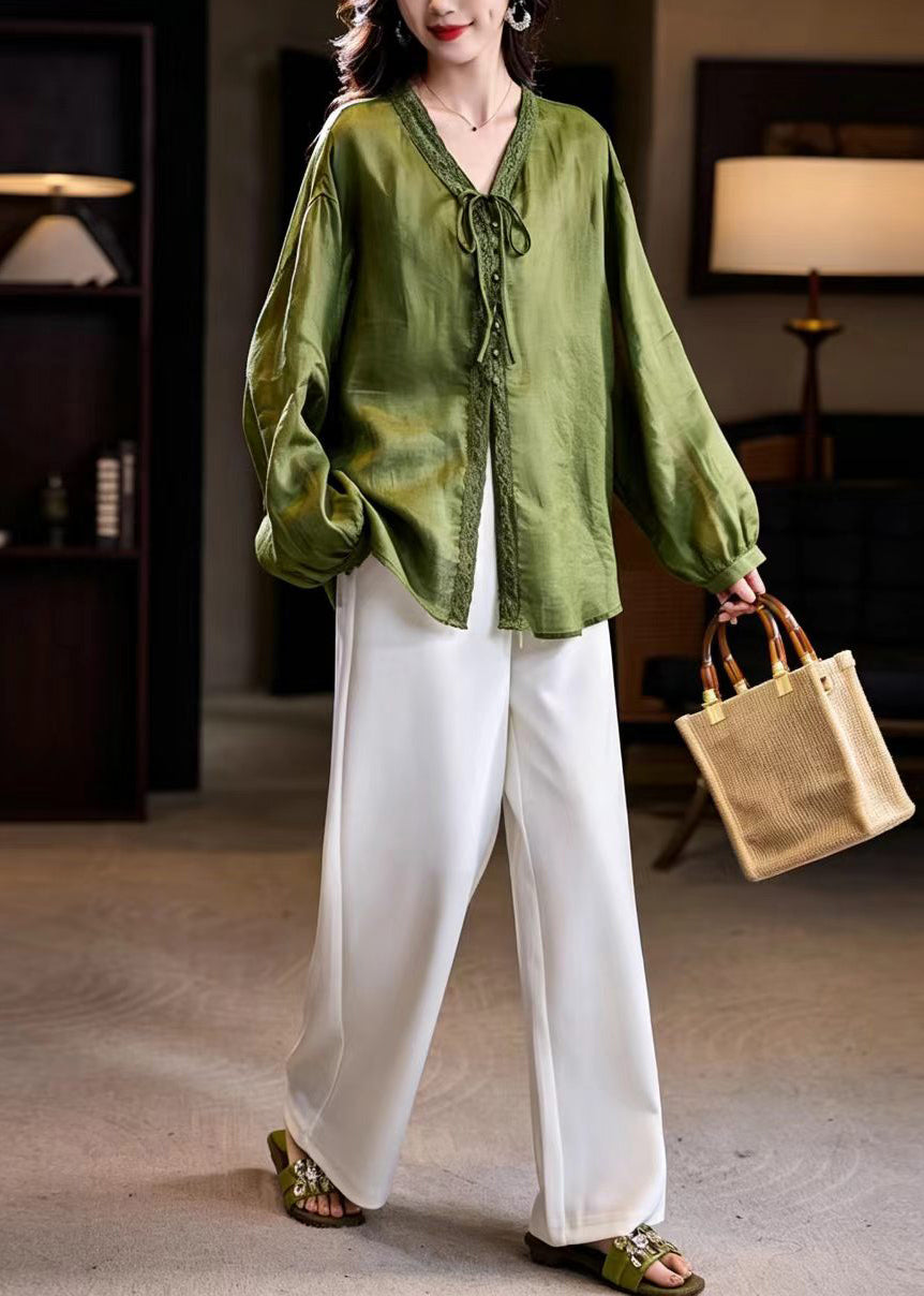 Unique Green V Neck Lace Up Shirt Top Lantern Sleeve