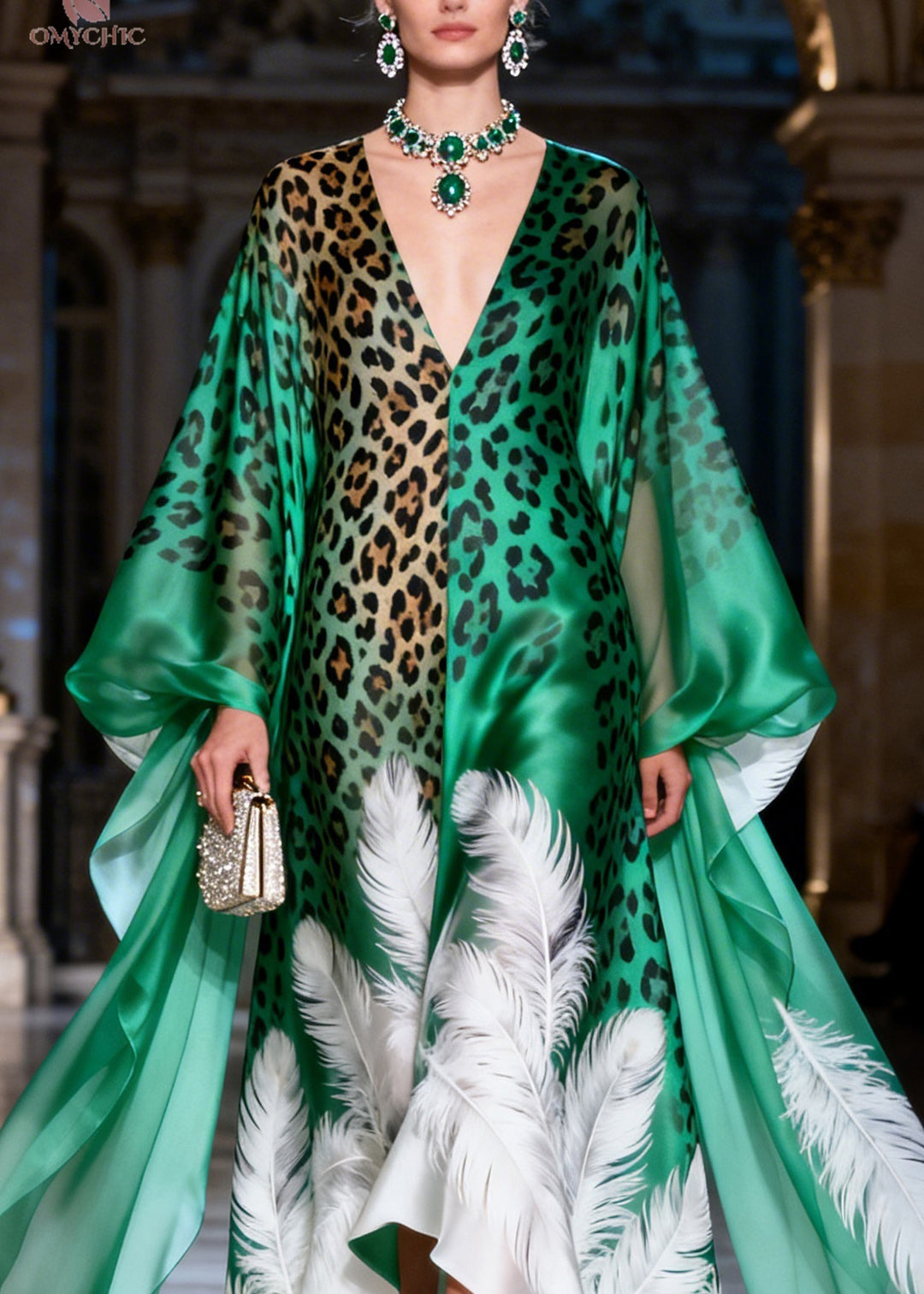 Unique Green V Neck Leopard Feather Print Silk Long Dress Summer