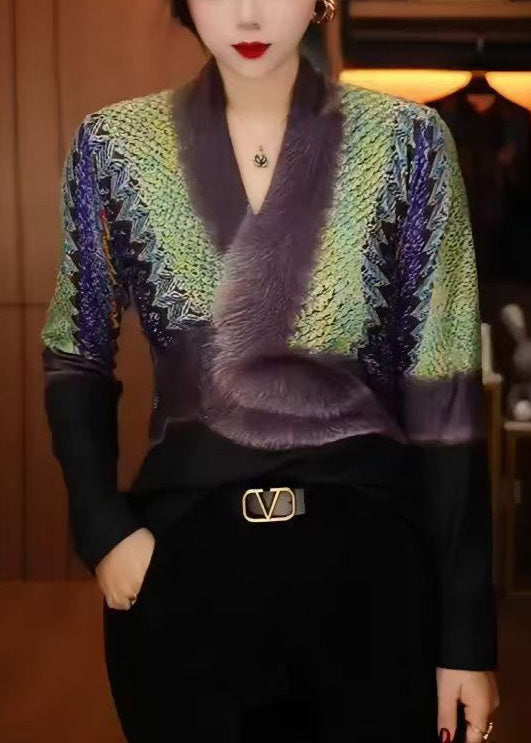 Unique Green V Neck Patchwork Warm Fleece Top Winter