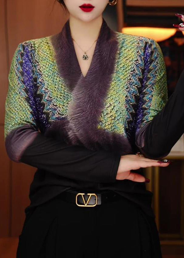 Unique Green V Neck Patchwork Warm Fleece Top Winter