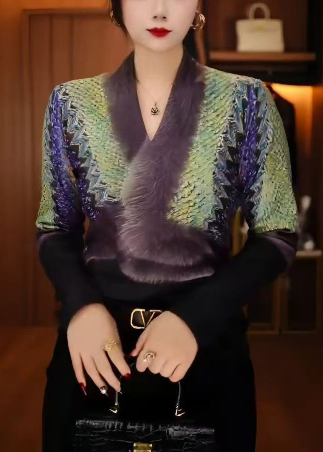 Unique Green V Neck Patchwork Warm Fleece Top Winter