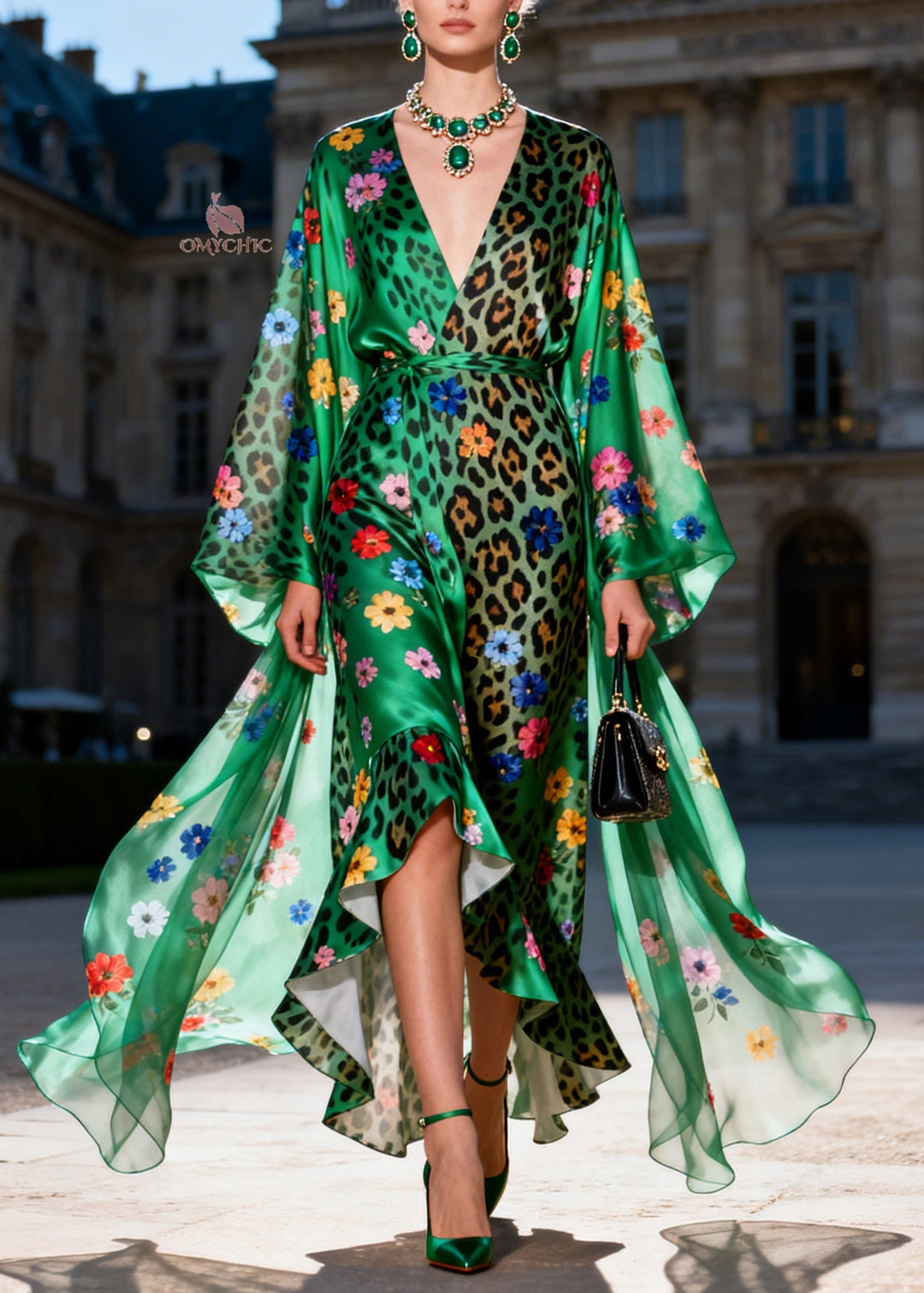 Unique Green V Neck Print Ruffled Patchwork Silk Ankle Dresses Summer