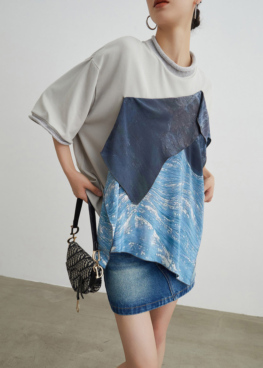 Unique Grey Asymmetrical Patchwork Cotton T Shirts Summer