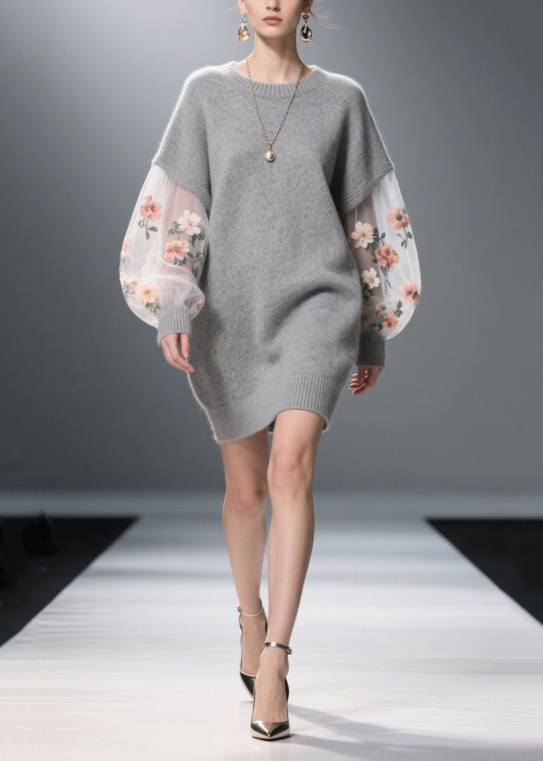 Unique Grey Daisy Patchwork Tulle Long Sweater Fall