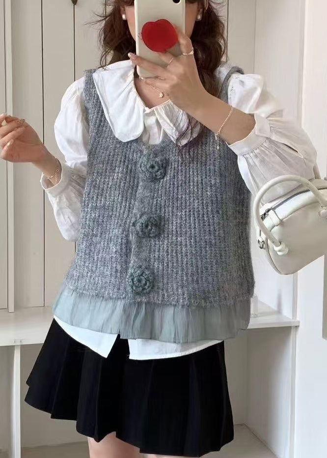 Unique Grey Floral Decorated Patchwork Knit Vests Spring