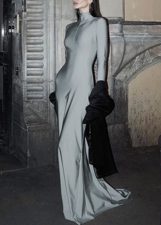 Unique Grey High Neck Zip Up Patchwork Slim Fit Maxi Dresses