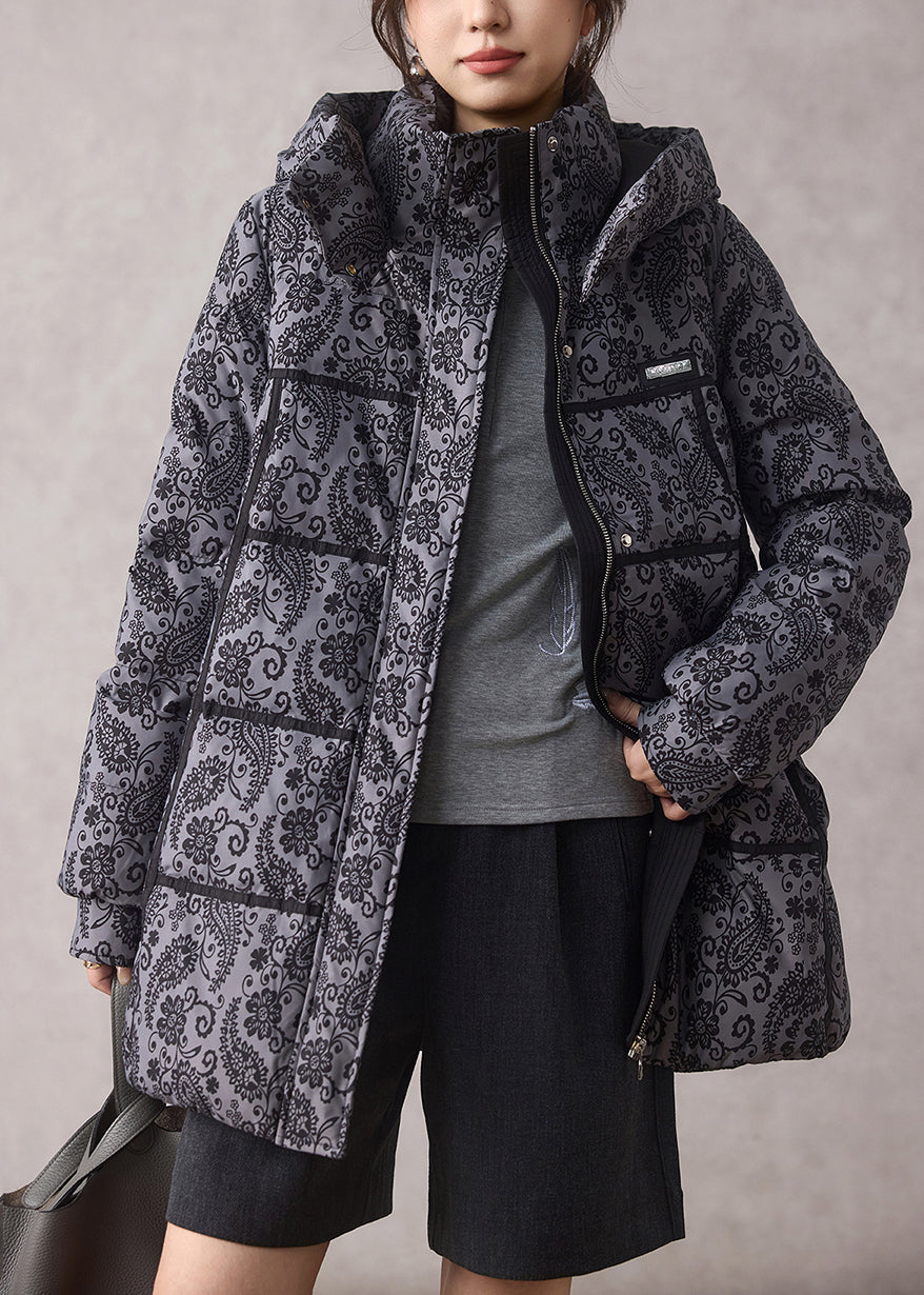 Unique Grey Hooded Print Fine Cotton Filled Parkas Winter