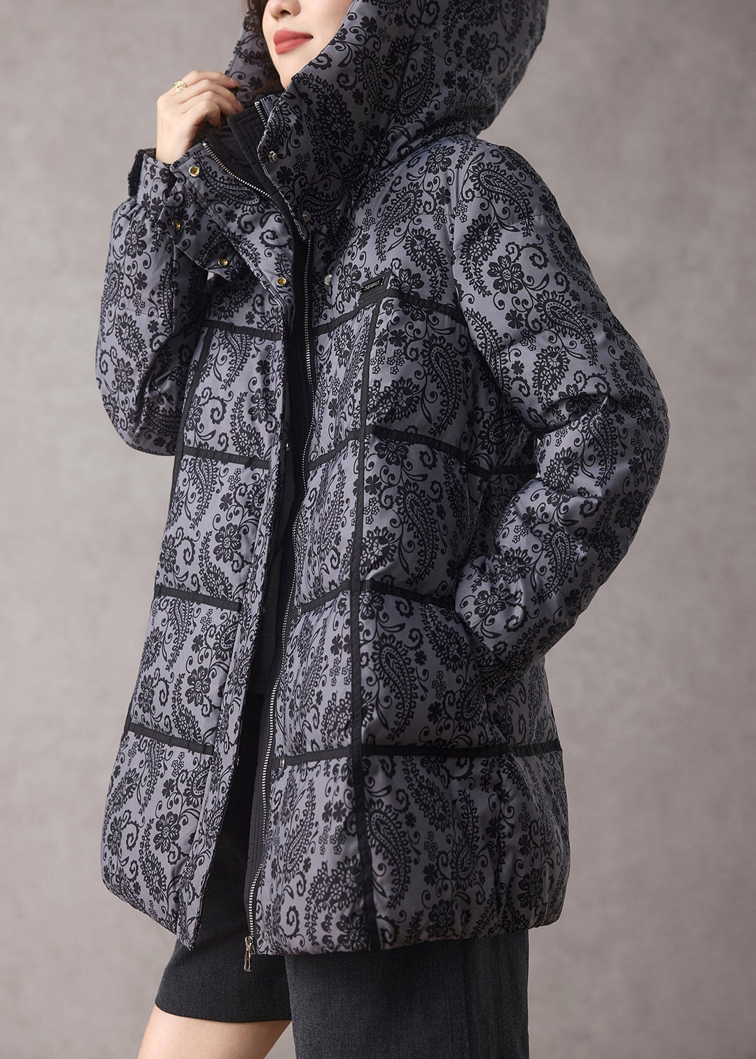 Unique Grey Hooded Print Fine Cotton Filled Parkas Winter