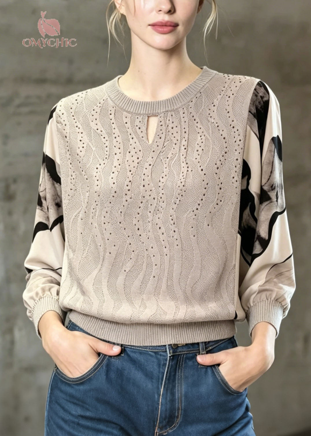 Unique Grey O Neck Chiffon Print Patchwork Knit Top Spring