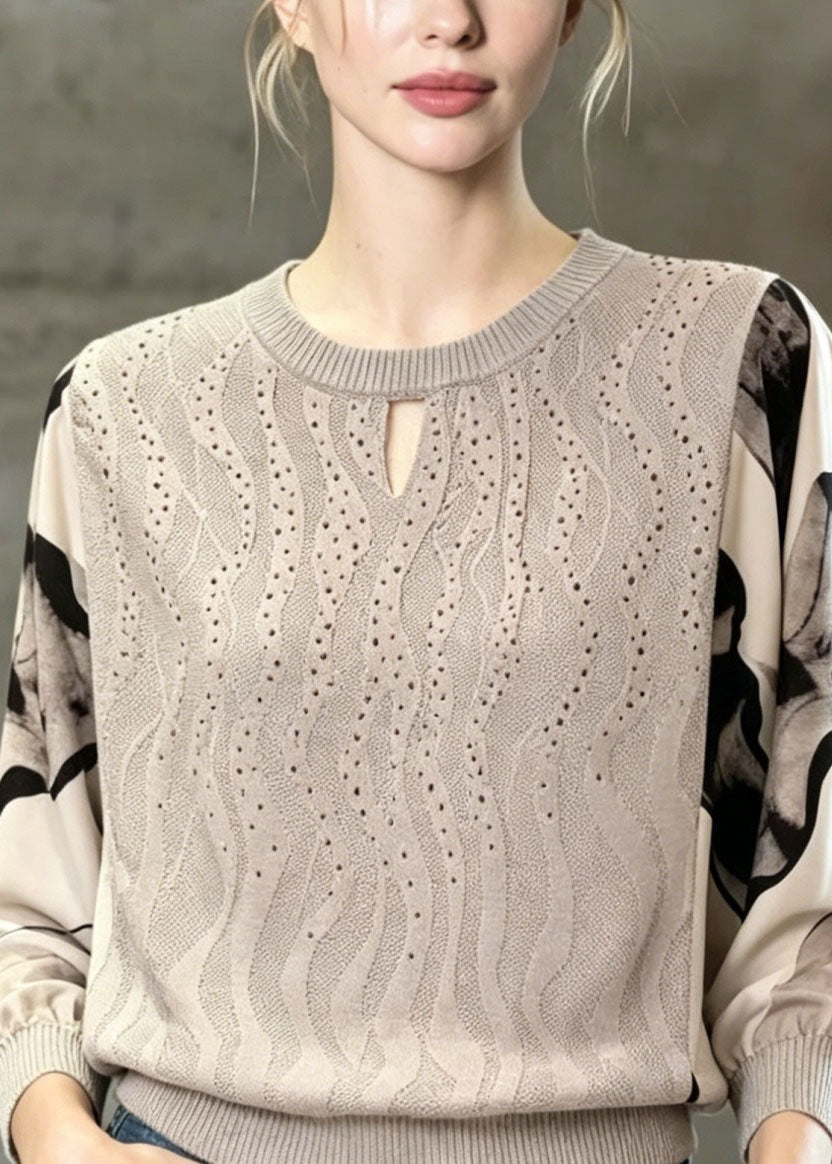 Unique Grey O Neck Chiffon Print Patchwork Knit Top Spring