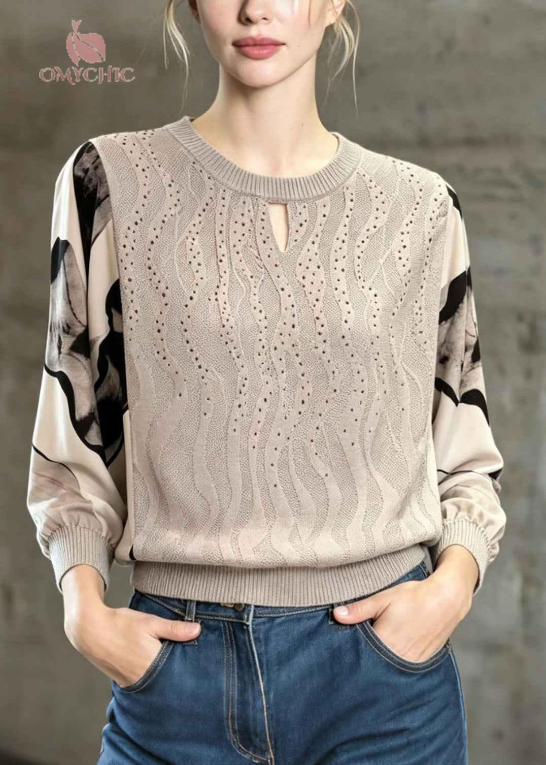 Unique Grey O Neck Chiffon Print Patchwork Knit Top Spring