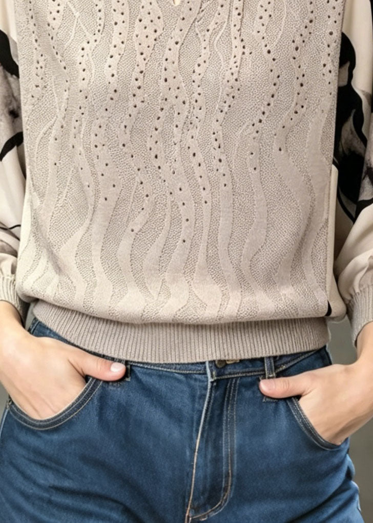 Unique Grey O Neck Chiffon Print Patchwork Knit Top Spring