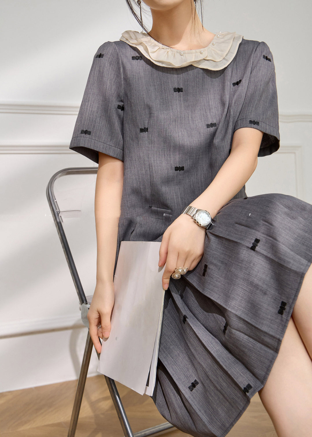 Unique Grey O-Neck Embroidered Pockets Maxi Dress Short Sleeve