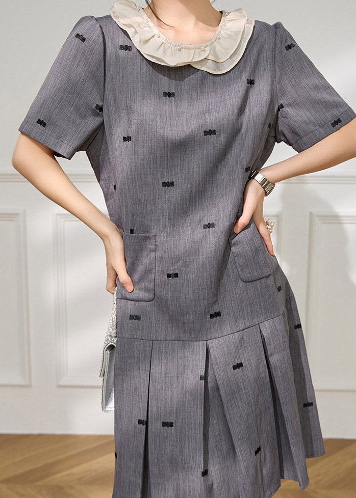 Unique Grey O-Neck Embroidered Pockets Maxi Dress Short Sleeve