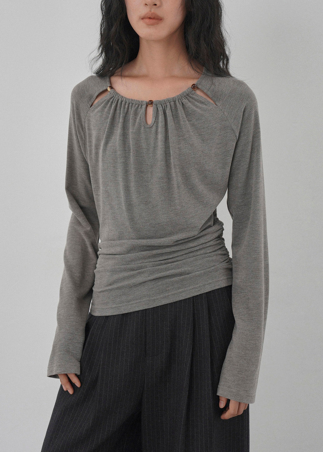 Unique Grey O Neck Hollow Out Wrinkled Cotton Top Spring