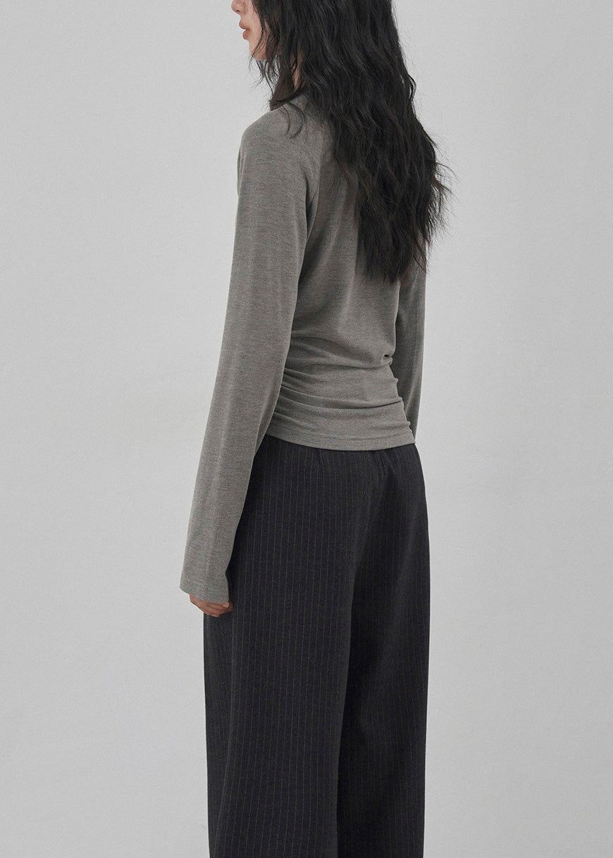 Unique Grey O Neck Hollow Out Wrinkled Cotton Top Spring