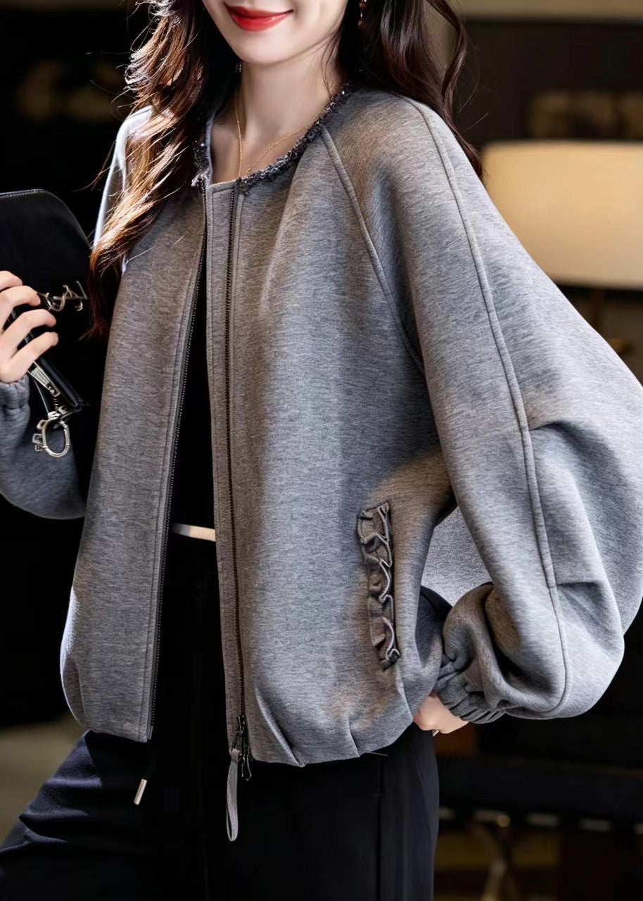 Unique Grey O-Neck Nail Bead Zip Up Cotton Jacket Fall