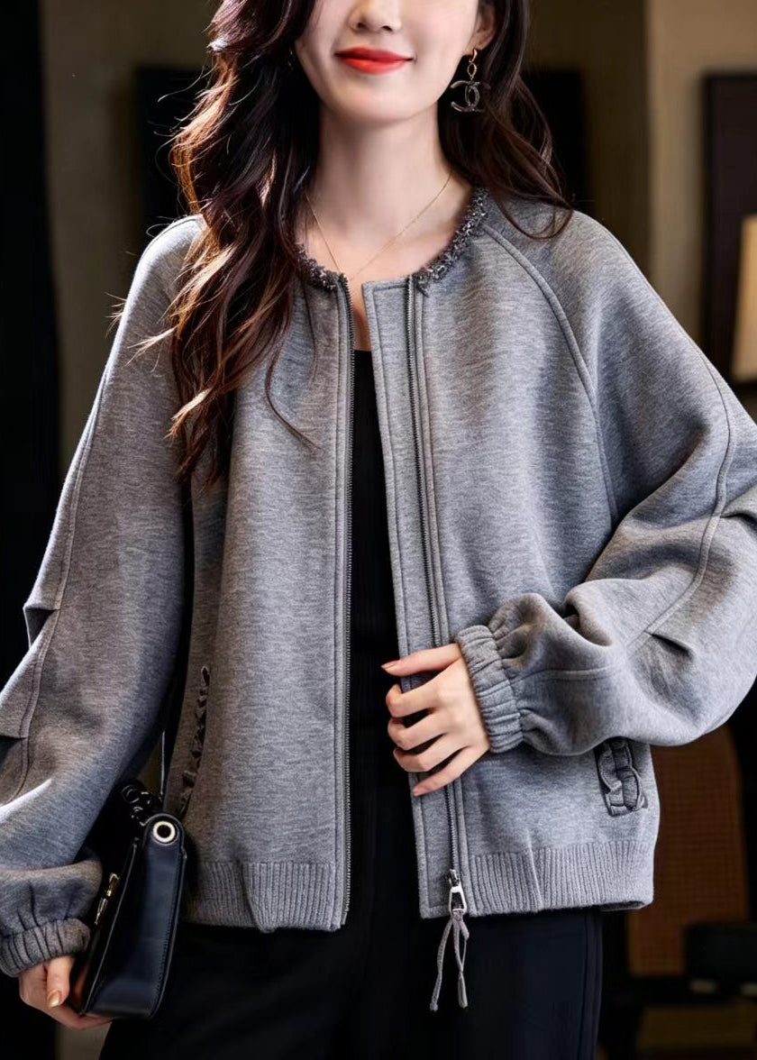 Unique Grey O-Neck Nail Bead Zip Up Cotton Jacket Fall