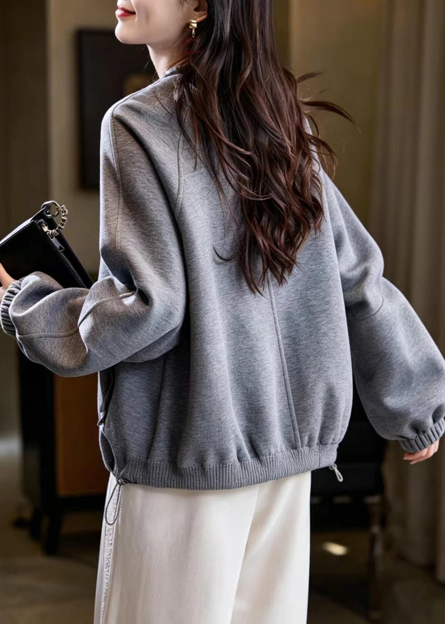 Unique Grey O-Neck Nail Bead Zip Up Cotton Jacket Fall