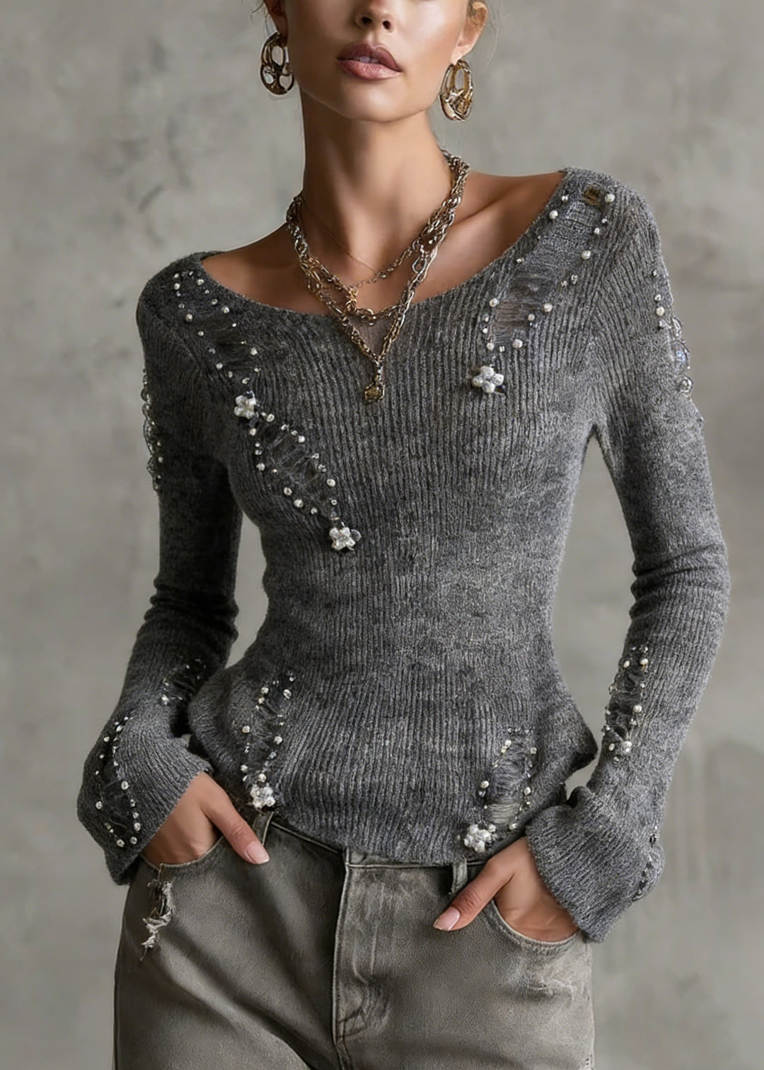 Unique Grey O Neck Nail Bead Zircon Knit Top Spring