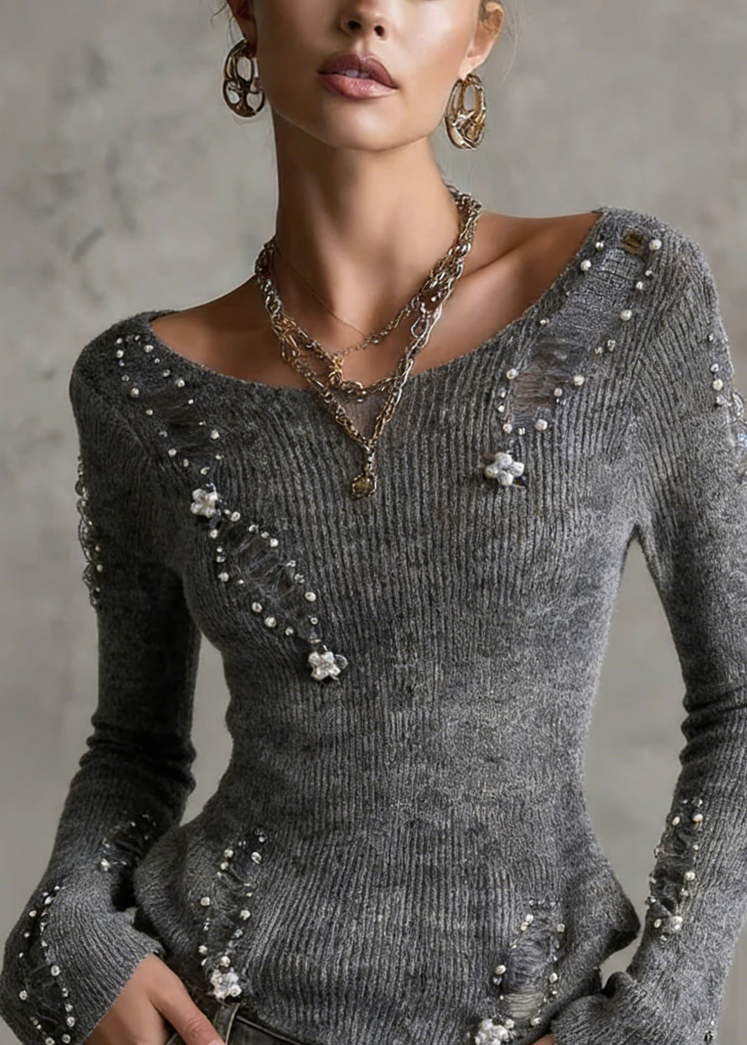 Unique Grey O Neck Nail Bead Zircon Knit Top Spring