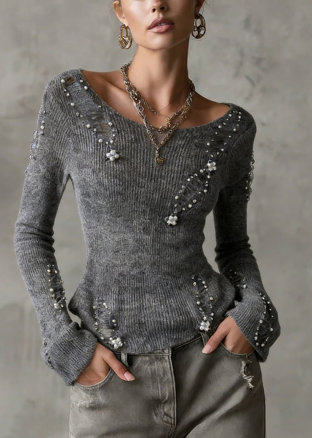 Unique Grey O Neck Nail Bead Zircon Knit Top Spring