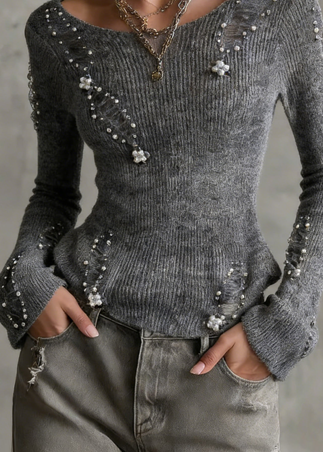 Unique Grey O Neck Nail Bead Zircon Knit Top Spring
