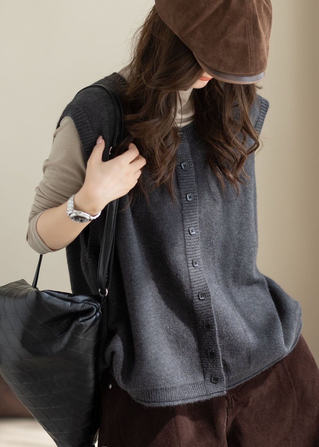 Unique Grey Oversized Button Knit Short Vests Winter