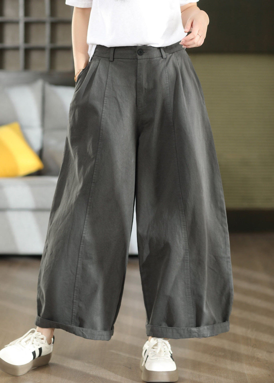 Unique Grey Oversized Cotton Wide Leg Pants Fall