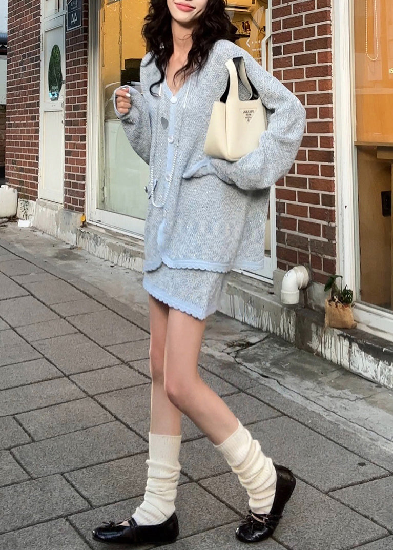 Unique Grey Oversized Patchwork Knit 2 Piece Outfit Spring