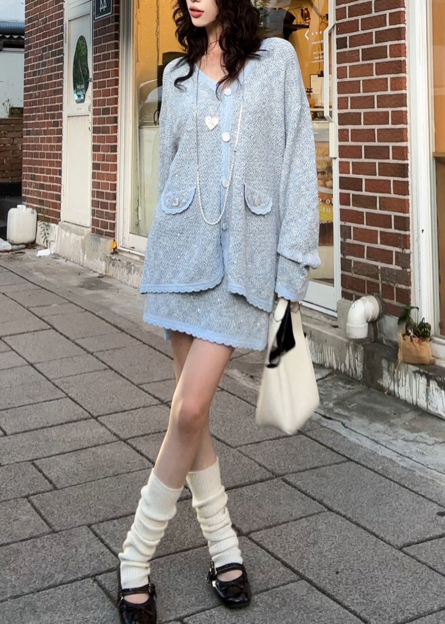 Unique Grey Oversized Patchwork Knit 2 Piece Outfit Spring